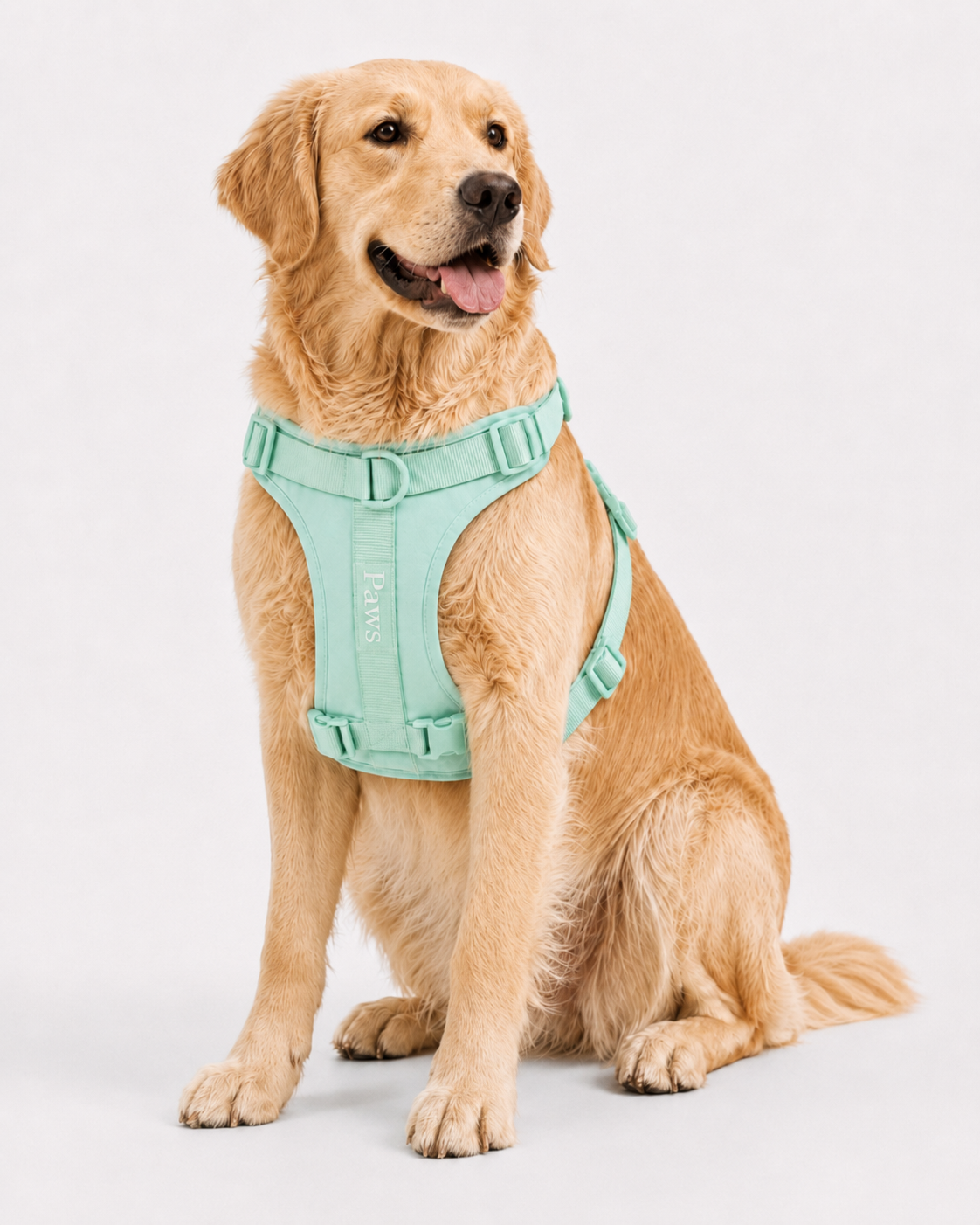 Arnés Paws Verde Agua - perro sentado 3/4